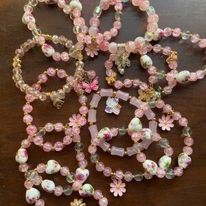 Pink Beaded Bracelet’s with Gold Charms Set of 12 Handmade